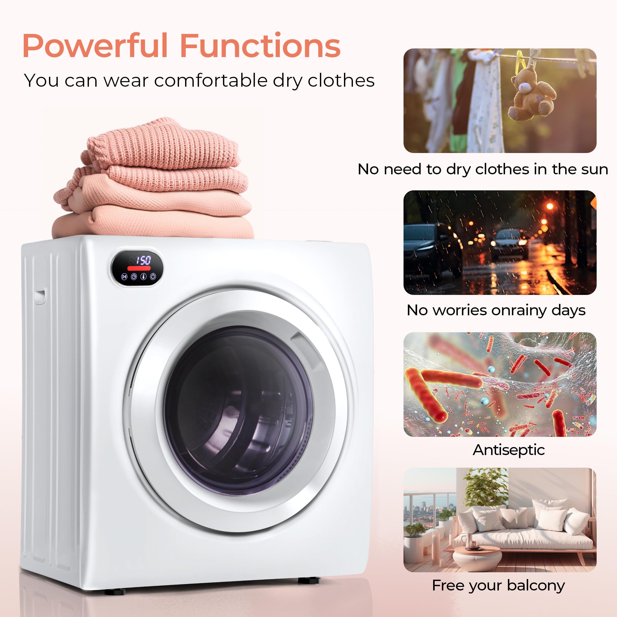 Euhomy Portable Dryer with Exhaust Hose, Four Drying Functions, Dries Up to 9 lbs of Clothes, 1400w Mini Dryer with Stainless Steel Liner, Suitable for Apartments, RVs, Gym