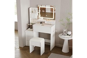 Jojoka Modern 36-Inch Vanity Desk with Mirror and Lights, Makeup Vanity Table with Outlets, 4 Drawers, Stool, 3-Color LED Van