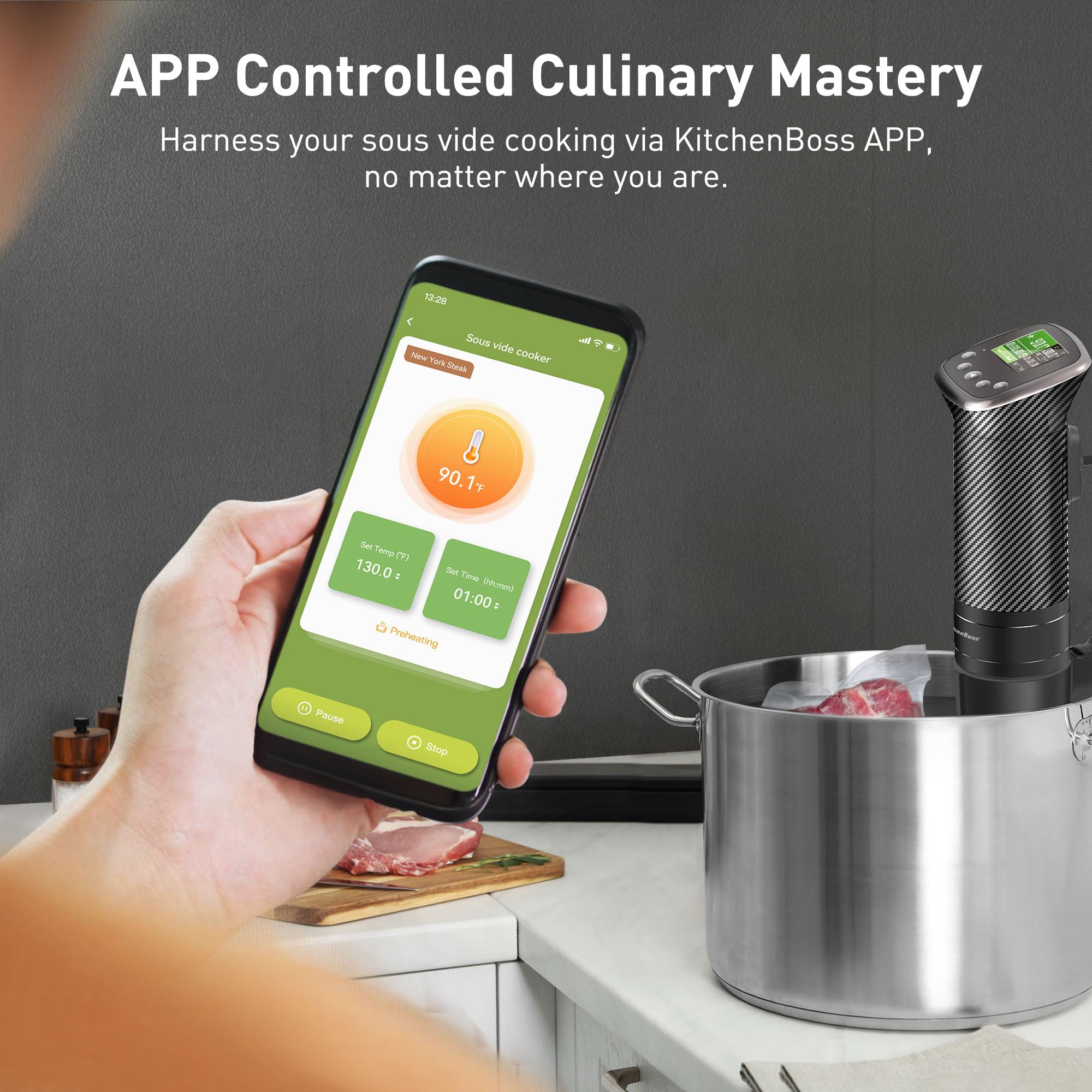 KitchenBoss Wifi Sous Vide Cooker: Sous Vide Machine Ultra-quiet 1100W Precision Cooking Machine Built-in TFT Recipes, IPX7 Waterproof Immersion Circulator Precise Temperature Control, Carbon Black