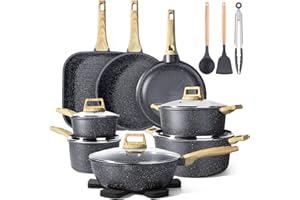 GiPP 21-Piece Pots and Pans Set, Nonstick, Gray Granite, Induction Cookware with Frying Pans, Saucepans, Easy Clean, PFOA Fre