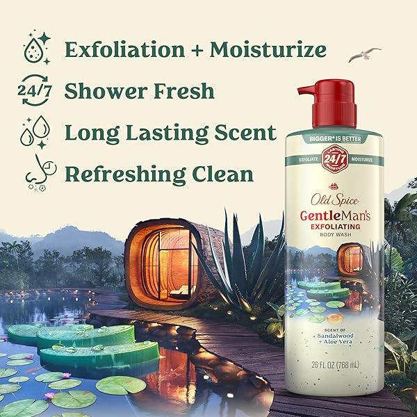 OLD SPICE GENTLEMAN’S EXFOLIATING & MOISTURIZING BODY WASH FOR MEN, 24/7 SHOWER FRESH WITH LONG LASTING SCENT, RENEWING VITAMIN B3 BLEND, SANDALWOOD + ALOE VERA SCENT, 26 OZ