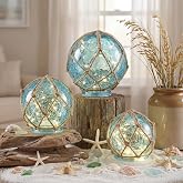 Kittmip 3 Pack Glass Fishing Float Light Nautical Decor Lamp, Blue Color | Cracked Glass Ball Night Light, Fishing Buoy with Net, Coastal Beach Theme LED Lighting, for Home Nautical Decor