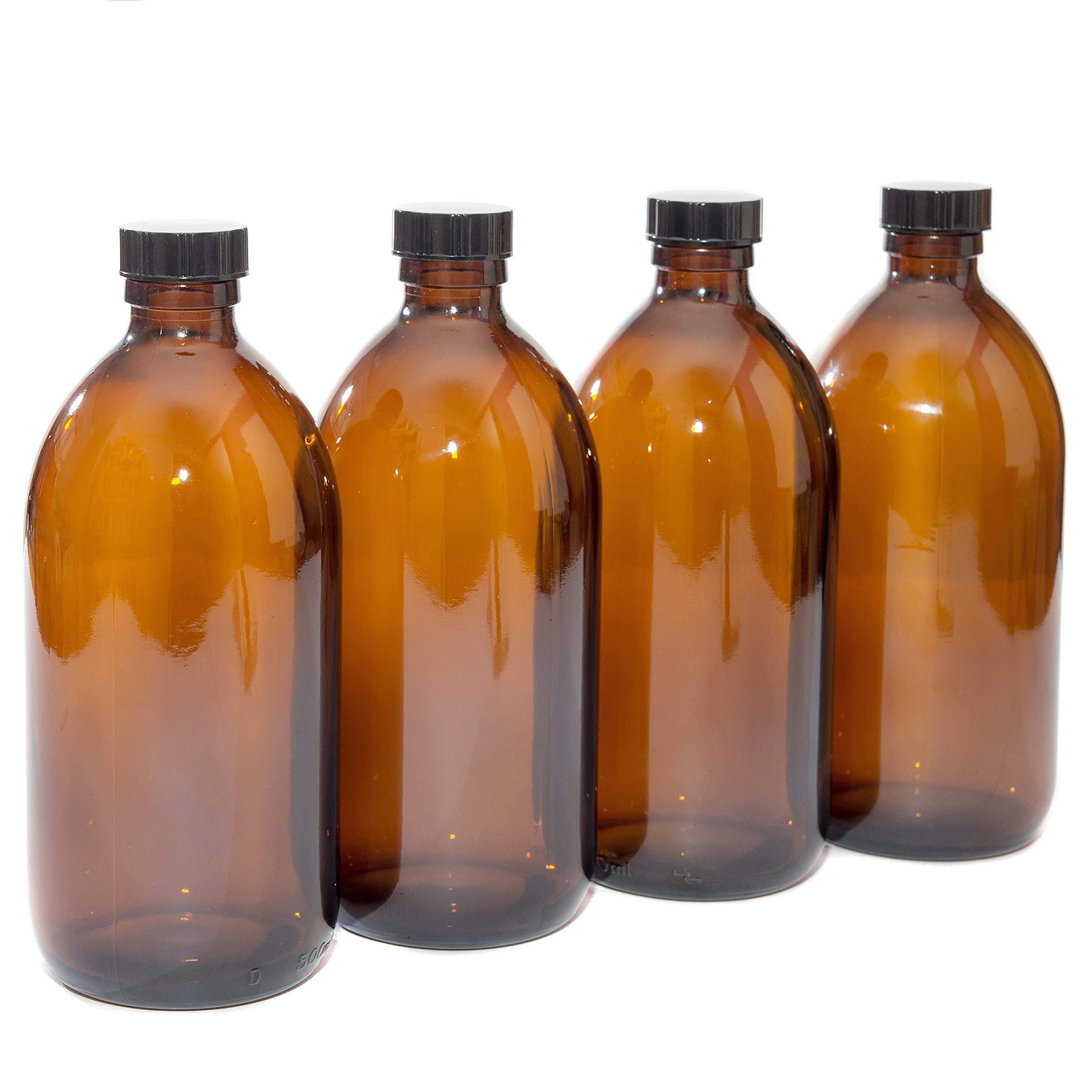 Aura 500ml AMBER GLASS Bottles with BLACK Lids - PACK of 4
