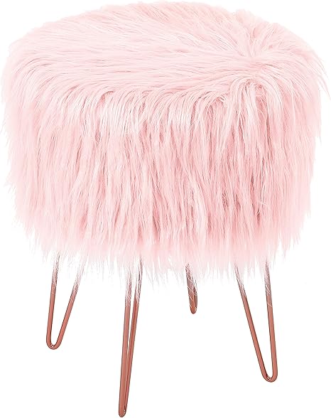BIRDROCK HOME Pink Faux Fur Foot Stool Ottoman – Soft Compact Padded
