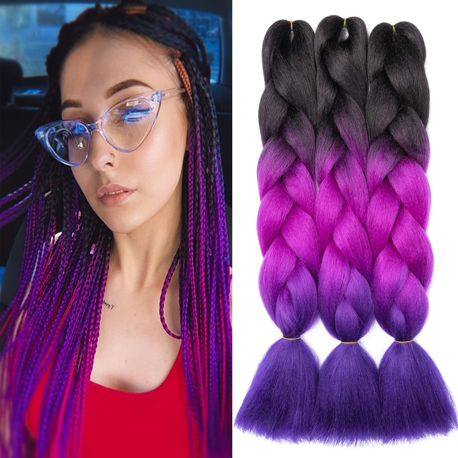 Dcbaboo Jumbo Braiding Hair Extensions 3 Packs 24 Inch Synthetic Kanekalon Ombre Afro Crochet Braids Twist Hair 300g, Black-Fuchsia-Blue — image 1
