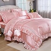 Pink Satin Comforter Set 8 Pieces King Size Comforter with Sheets Silk Like Satin Bed Set Luxury Bedding Bed in a Bag 1 Comforter 4 Pillowcasas 1 Flat Sheet 1 Fitted Sheet 1 Cushion Cover