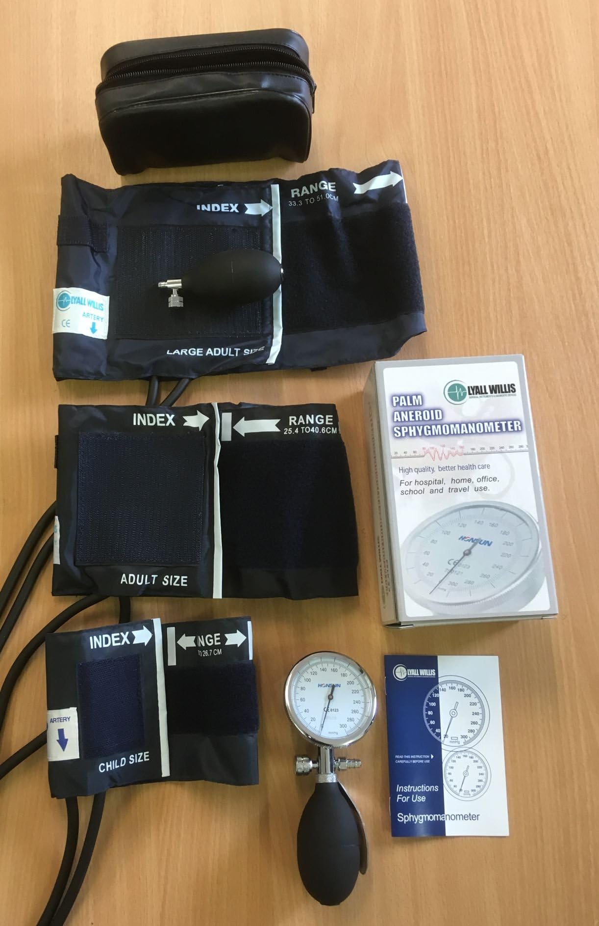 Lyall Willis Aneroid Sphygmomanometer – Manual Palm Model Blood Pressure Monitor/Meter + 3 Cuffs - Child, Adult & Large Adult