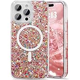 UEEBAI Glitter Case Magnetic for iPhone 16 Pro Max Case, Luxury Shiny Bling Sparkly Phone Cover Compatible with MagSafe, Wireless Charge Crystal Diamonds Shiny Cover for Women - Red