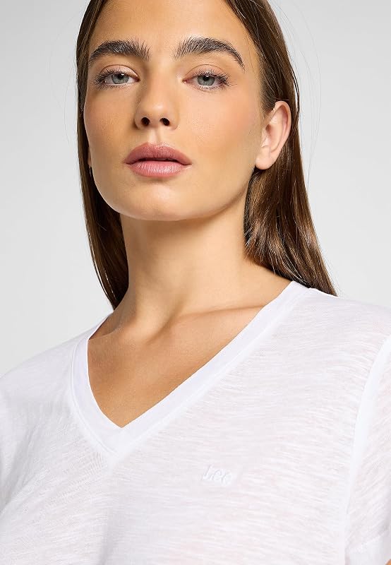 - Tee Shirt Femme - Coupe Regular - V Neck Tee - Blanc Éclatant