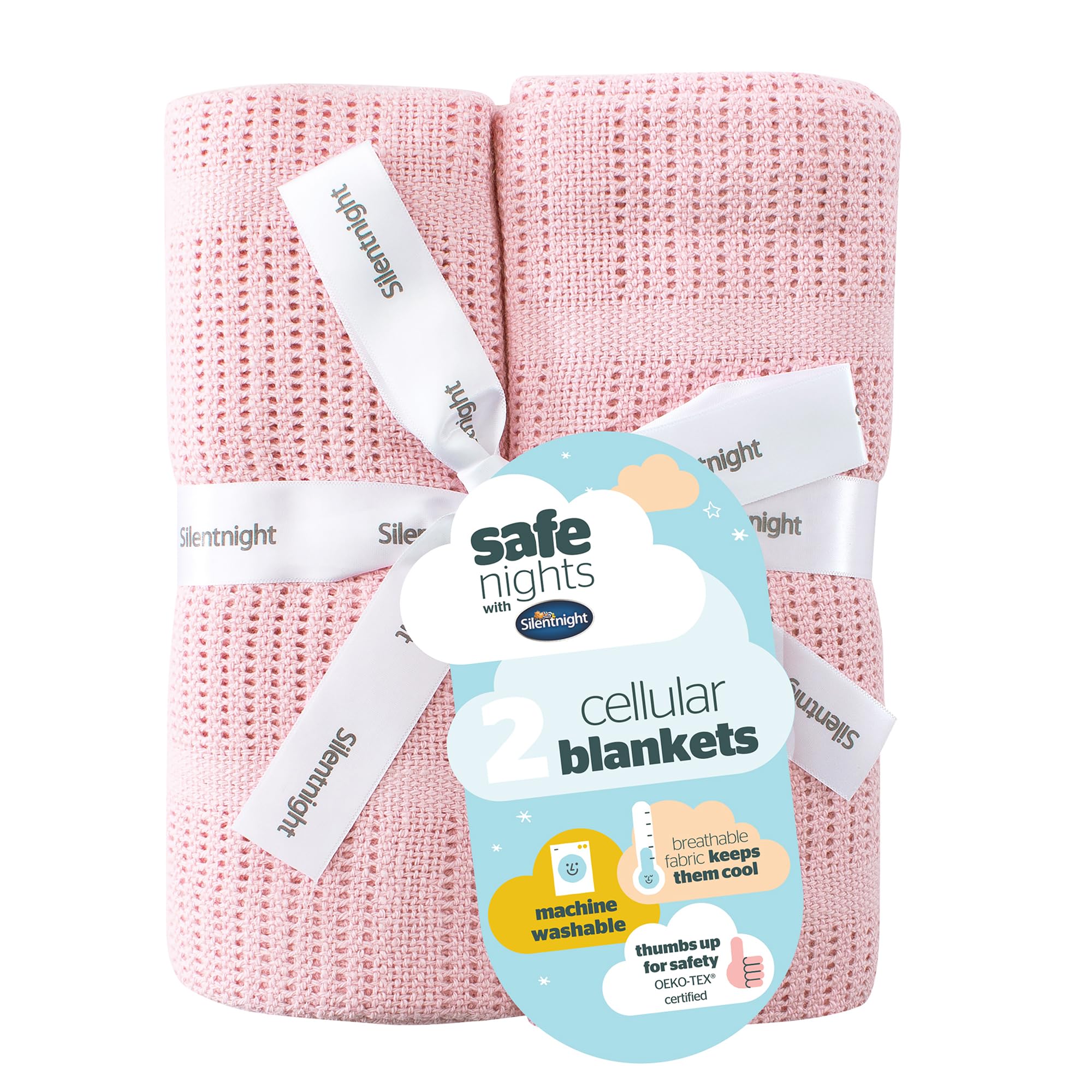 Silentnight Safe Nights Baby Blanket - Pack of 2 Soft 100% Cotton Cellular Baby Blanket for Newborn Ideal for Cot, Crib, Moses Basket and Pram - Baby Essentials - 2 Pack - Pink