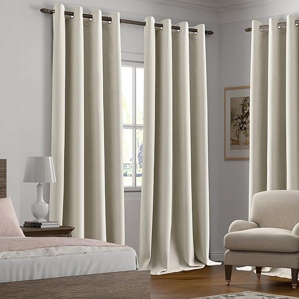 LCOOMZEN 100% BLACKOUT NATURAL LINEN CURTAINS 84 INCH LENGTH 2 PANELS SET FOR BEDROOM, NOISE REDUCING THERMAL INSULATED LIGHTWEIGHT COMPLETELY BLACKOUT GROMMET DRAPES, NATURAL, W52 X L84, 2 PANELS