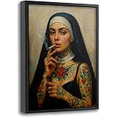 Framed Tattooed Nun Canvas Wall Art, Gothic Smoking Nun Painting Picture Wall Decor, Edgy Religious Poster Print Artwork for Bedroom Office Home Decoration 8x10in