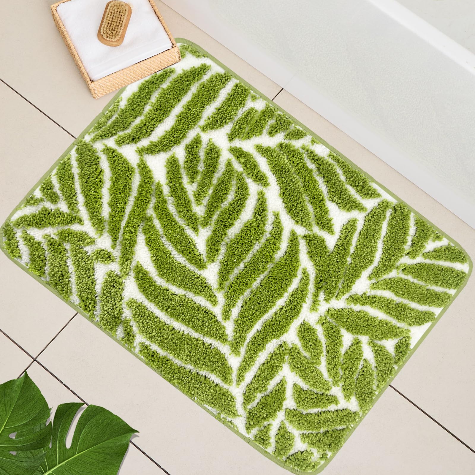 Homantic Green Leaf Bathroom Rugs - Bathroom Decor Cute Bath Mat for Sink, Tub, Small Bath Rug, Green Bath Mats Washable Non Slip Funny Water Absorbent Bath Rugs Leaves 45 x 65cm