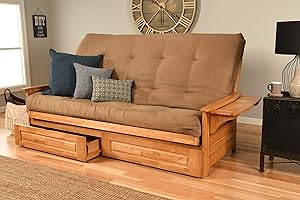 Jerry Sales Queen Size Phoenix Wood Frame, Drawers and 8 inch Mattress Set Honey Brown Finish w/Folding Trays Living Room or Den (Frame w/Peat Mattress w/Drawers)