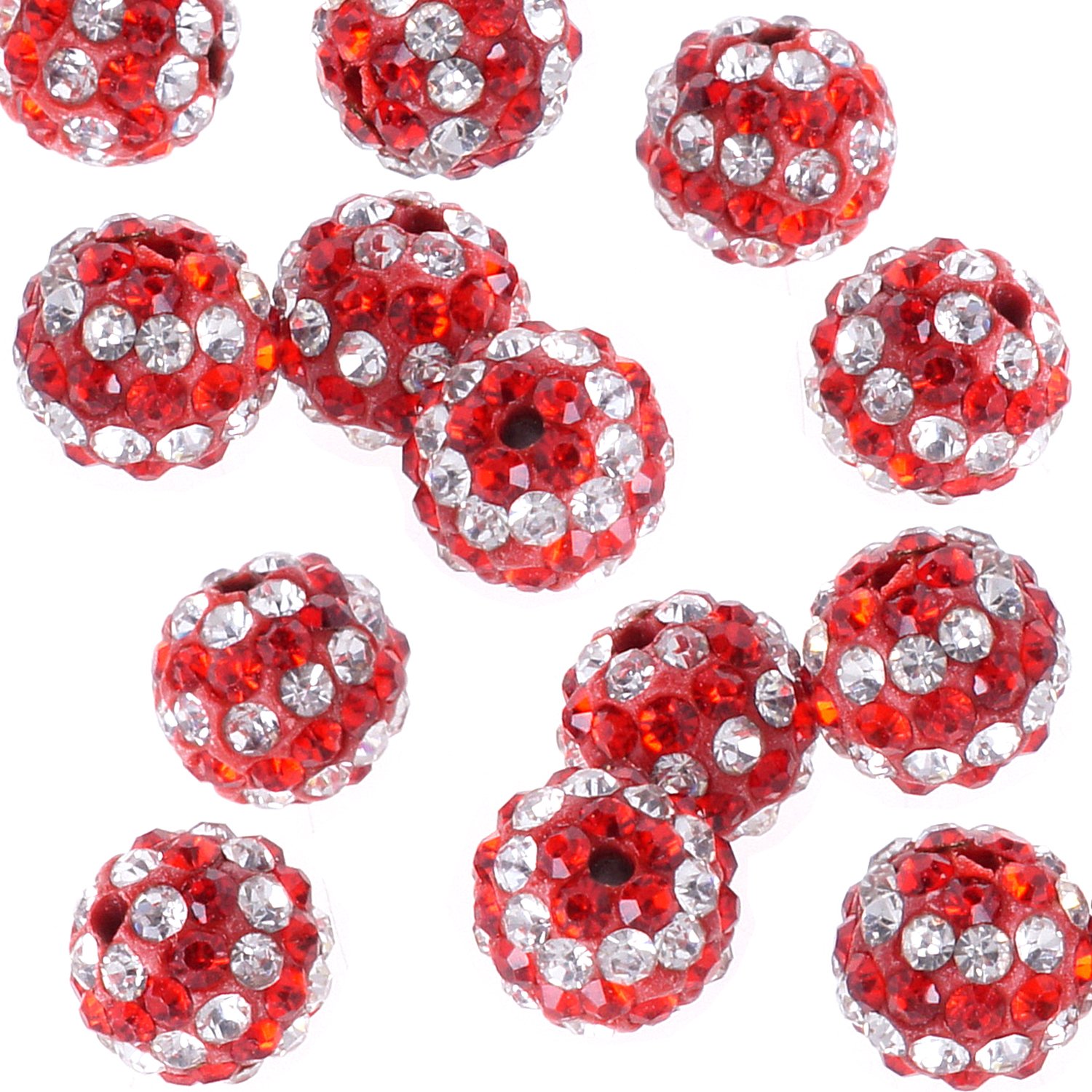 RUBYCA Stripes Czech Crystal Round Disco Ball Clay Beads fit Shamballa Jewelry (50pcs, 10mm, Red)