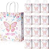 Nezyo 24 Pcs Butterfly Party Favor Gift Bags 8x10 Inches Treat Goodie Candy Bags Thank You for Fluttering by Paper Bag with Handle for Butterfly Birthday Party Wedding Baby Shower Supplies