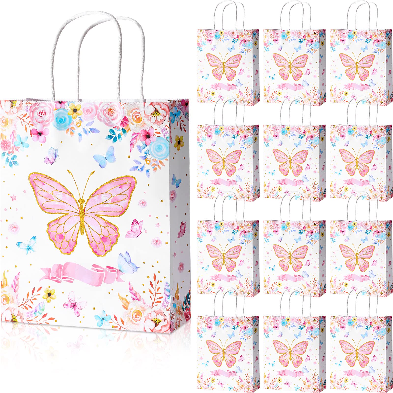 Nezyo 24 Pcs Butterfly Party Favor Gift Bags 8x10 Inches Treat Goodie Candy Bags Thank You for Fluttering by Paper Bag with Handle for Butterfly Birthday Party Wedding Baby Shower Supplies