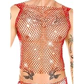 Kaei&Shi Rhinestone Mens Tank Tops Sheer Mesh See Through Fishnet Sparkly Rave Outfit Festival Crop Men Shirt Sexy Club Party