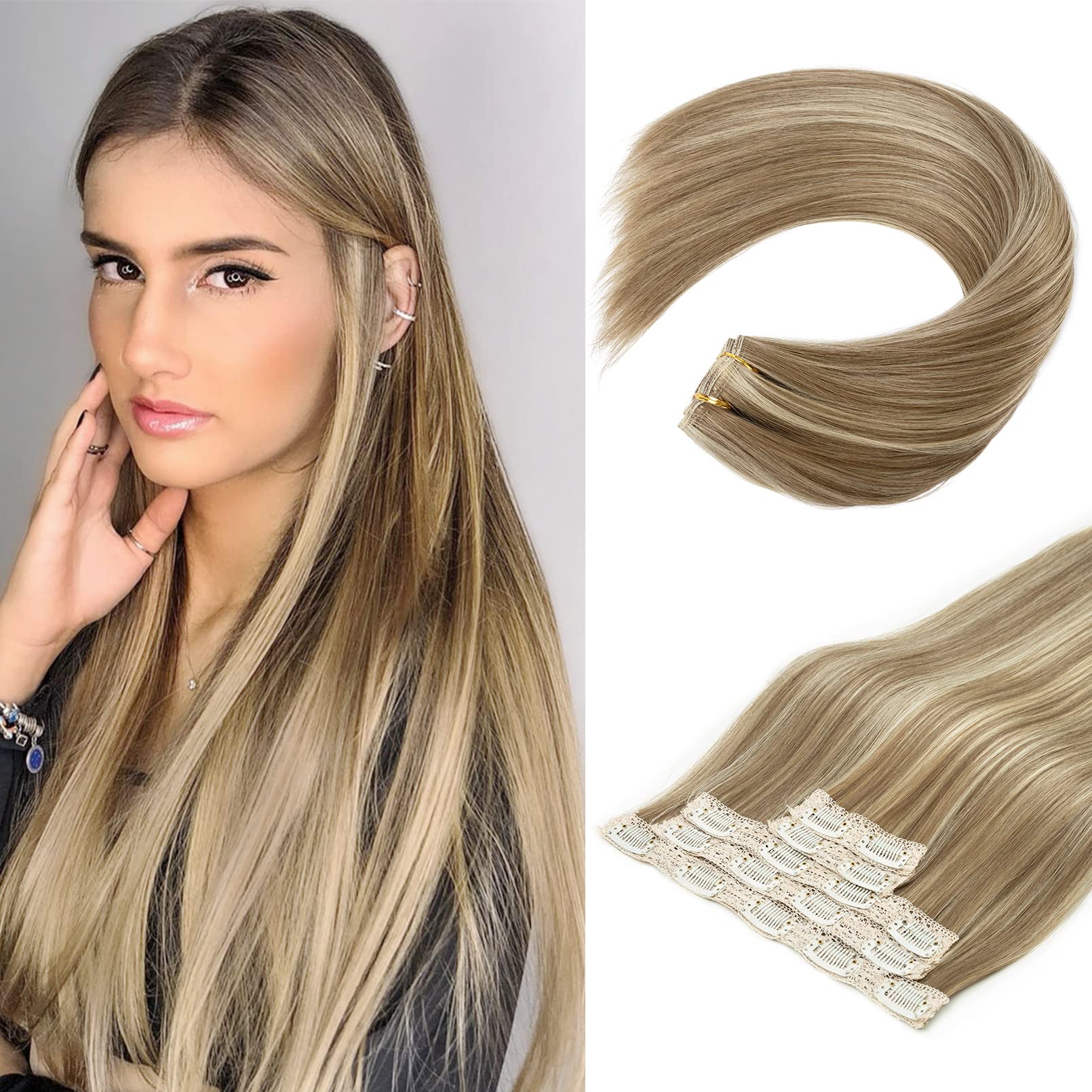 Photo 1 of REECHO Clip in Hair Extensions, Hair Extensions Thick Long Lace Weft Lightweight Synthetic Hairpieces for Women (24 Inch-240 Gram(Pack of 5), Walnut Brown with Blonde Highlights)