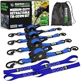 Rhino USA Retractable Ratchet Straps (4-Pack) - 1in x 10ft, Blue | 1,209lb Break Strength, Auto Self Retracting Design. For Truck, Cargo Trailer, Motorcycle, ATV &amp; UTV Tie Downs. Blue