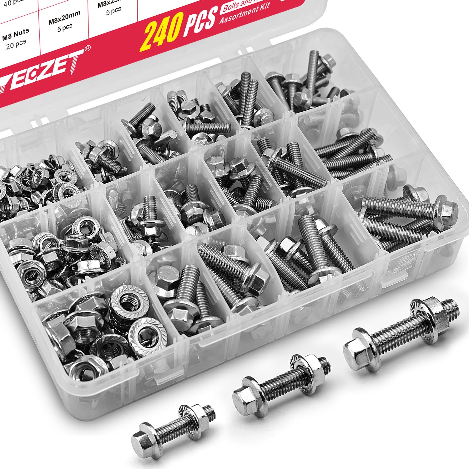 YEEZET 240PCS M5 M6 M8 Flanged Bolts and Nuts Kit,Stainless Steel 304 Metric Flanged Hex Screws Nuts Includes 14 Most Common Sizes
