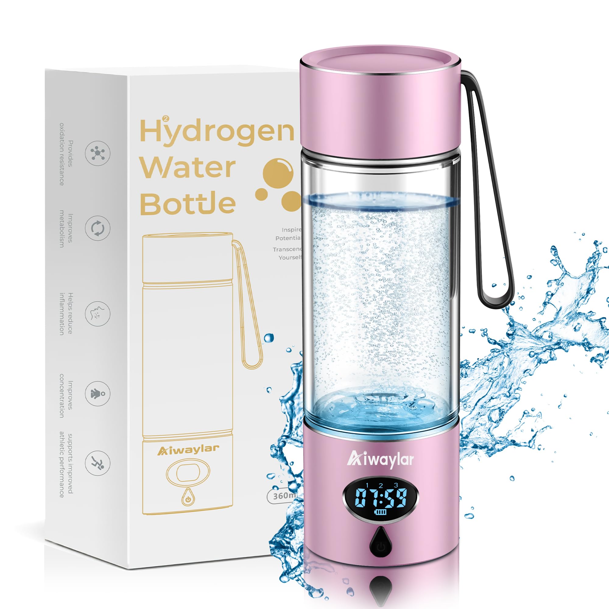 Photo 1 of Aiwaylar Hydrogen Water Bottle - Portable, Rechargeable, LED Timer,3 Work Mode, Aluminum and Glass,360ML,Hydrogen Water Ionizer Machine with PEM/SPE Technology, Suitable for Office,Home,Gym Outdoor