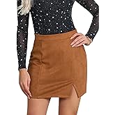 Ezcosplay Women Faux Suede Sexy Mini Skirt with Slit High Waisted Zipper Back Pencil Bodycon Short Skirts