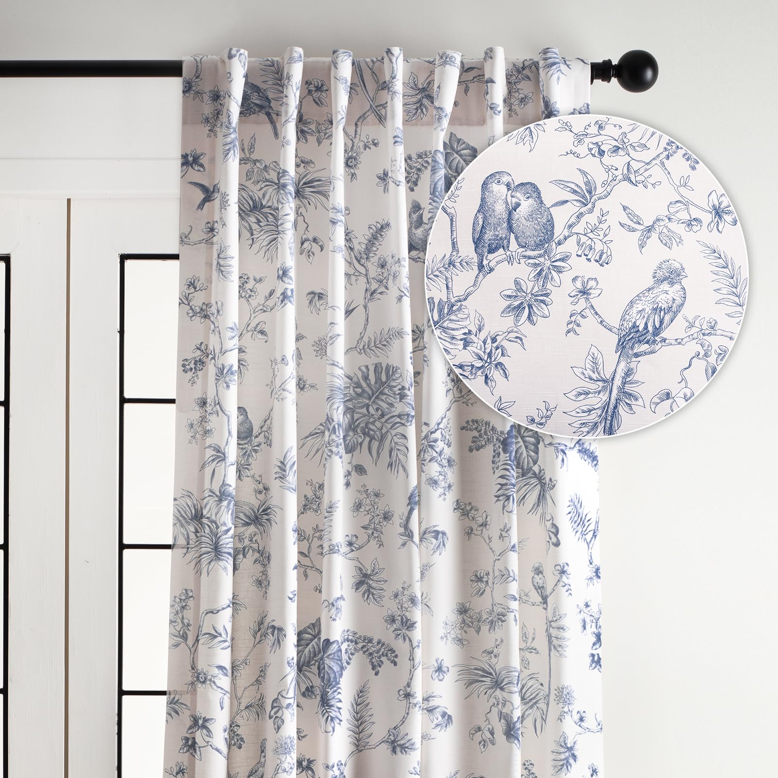 Maison d' Hermine Tailored Curtain 100% Cotton One Panel 50"x108" Curtains, Easy Hanging with a Rod Pocket & Loop for Living Rooms Bedrooms Offices, Jouy Paradis - Blue - Spring/Summer Image
