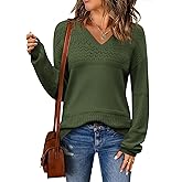 Zeagoo Womens 2026 Fall Sweaters Casual Long Sleeve Ribbed Knit Pullover V Neck Lightweight Crochet Pullover Sweater Top