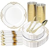 Pryntono 350PCS Gold and White Plastic Plates, Gold Plastic Dinnerware Sets for 50 Guests, 100 Disposable Plates, 150 Silverware, 50 Cups, 50 Napkins for Party and Wedding