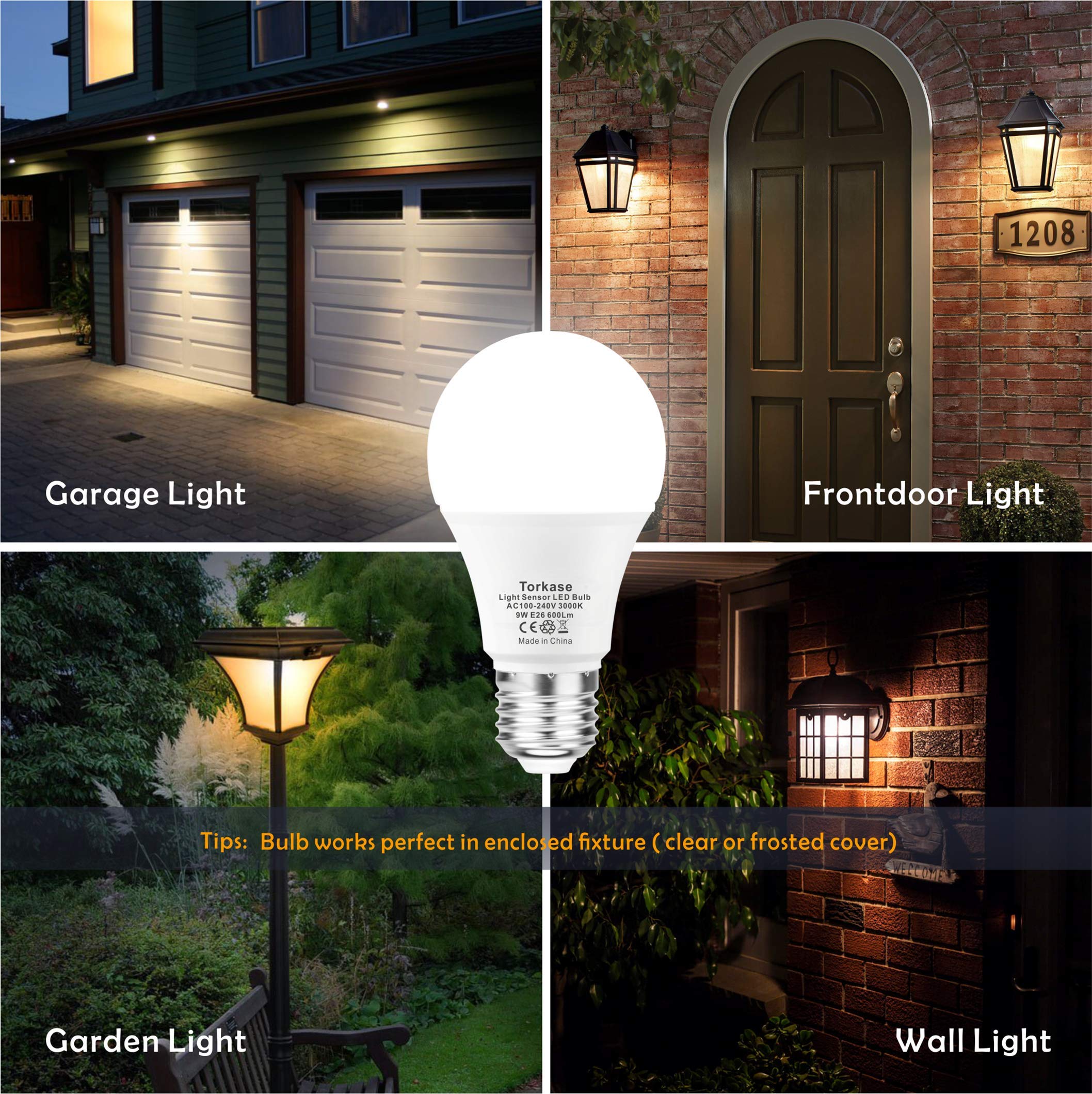 Torkase Dusk to Dawn Light Bulb, Plug and Play, Auto On/Off, Built in Photocell Detector, 85% Energy Saving, 9W/A19/E26/120V, Indoor/Outdoor Yard Porch Patio Garage Warehouse (Warm White, 2 Pack)