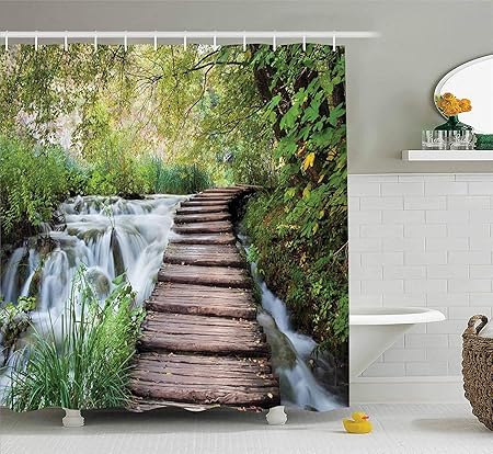 JIEKEIO House Decor Shower Curtain Set, Wooden Footbridge Along The Stream in Greenery Jungle Waterscape Scenery, Bathroom Ac