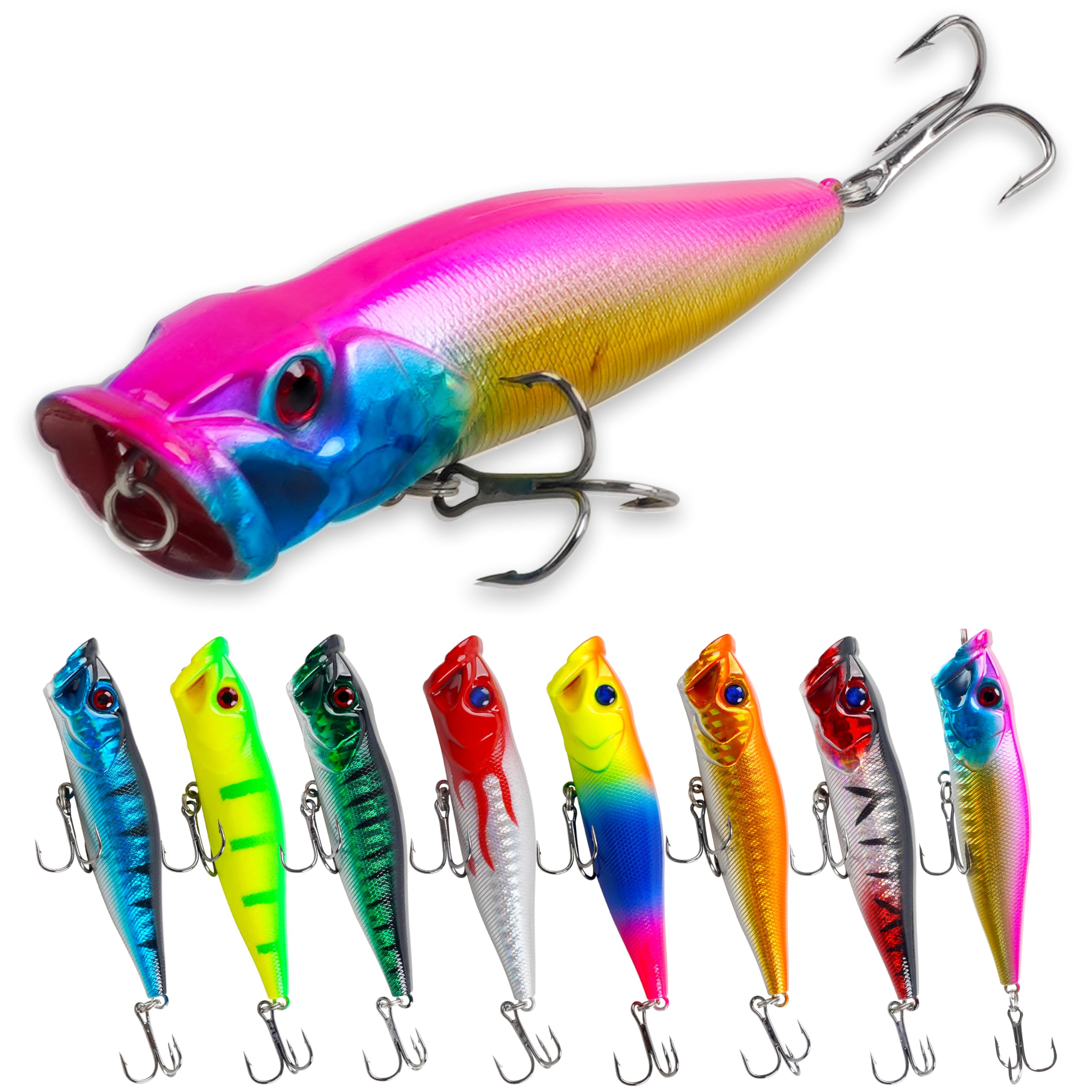 Topwater Popper Fishing Lures Kit, 8pcs Sea Fishing Floating Hard Baits Bass Lures Pencil Swimbaits Surf Casting Lure for Trout Walleye Salmon Freshwater Saltwater