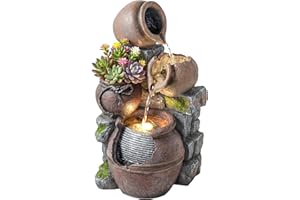 Outsunny Outdoor Fountain with 4-Tier Rustic Pot Design, Cascading Rock Waterfall with LED Lights and Adjustable Flow, Freest