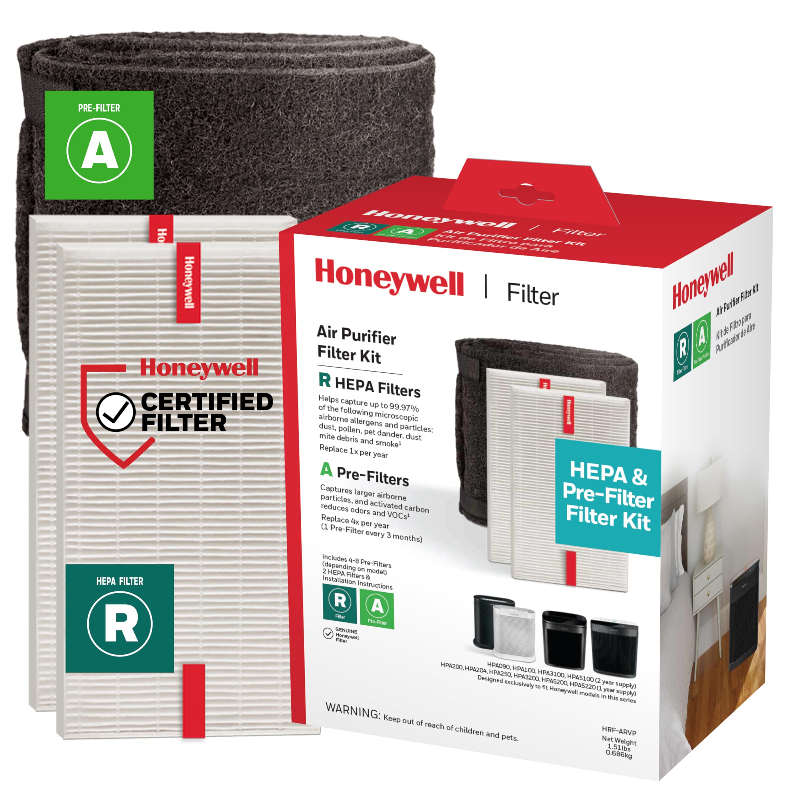 Honeywell HEPA Air Purifier Filter Value Kit - Includes 2 R HEPA Filters and 1 A Pre-Filter Roll with Cutting Template