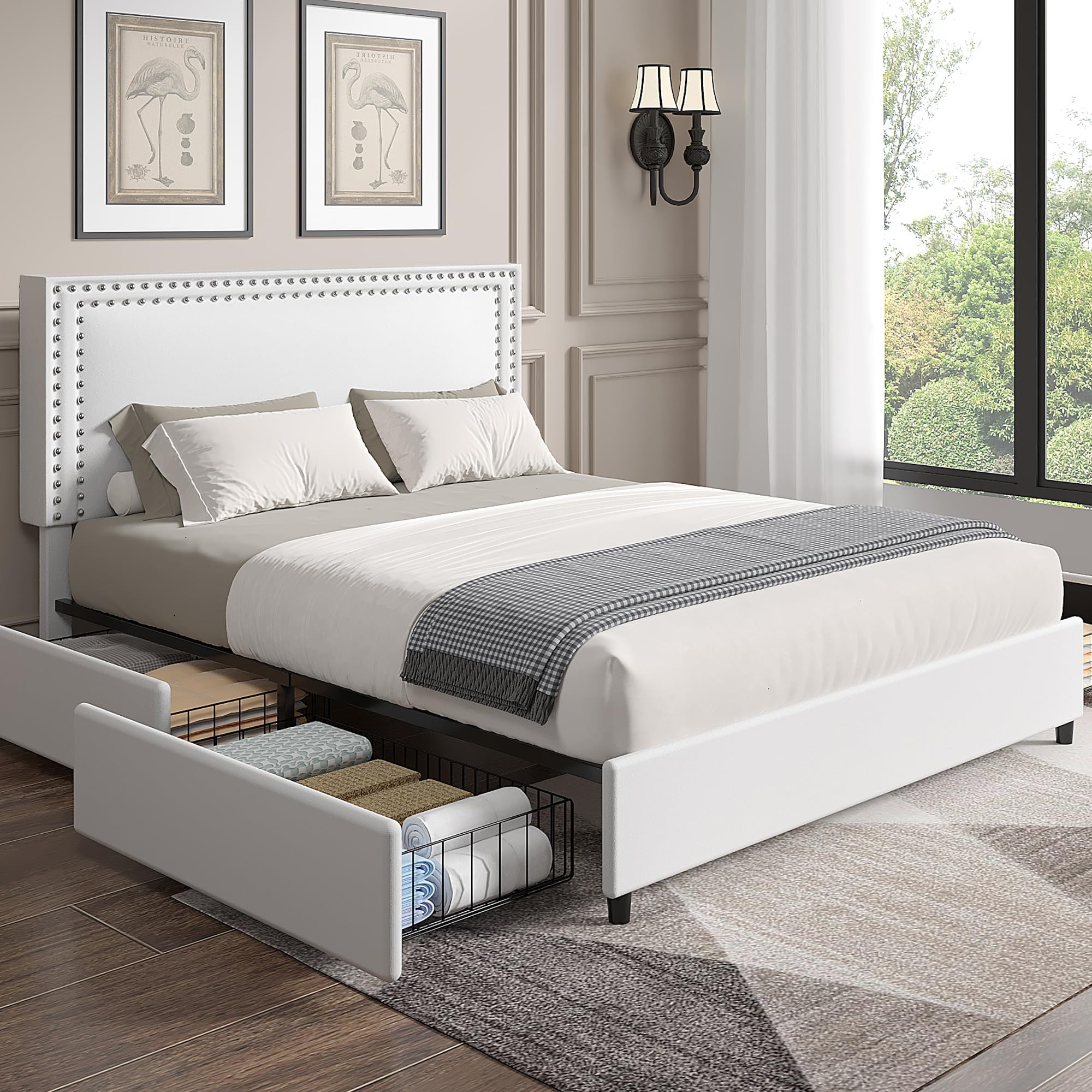 Photo 1 of **ASSEMBLY INSTRUCTIONS INCLUDED** VECELO Full Size Upholstered Bed Frame with 4 Storage Drawers, Adjustable Velvet Rivet Decor Headboard, Wooden Slats Platform Support, No Box Spring Needed, Easy Assembly,White