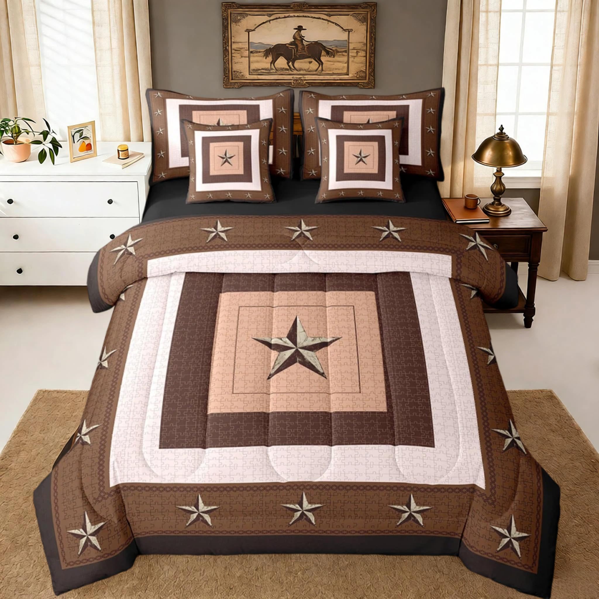 Photo 1 of Feelyou Western Decor Comforter Set with Sheets King Size Western Texas Star Print Bed in a Bag Cowboy 7 Pieces Bedding Set Southwestern Native Aztec Bed Set Room Decor Beige Brown