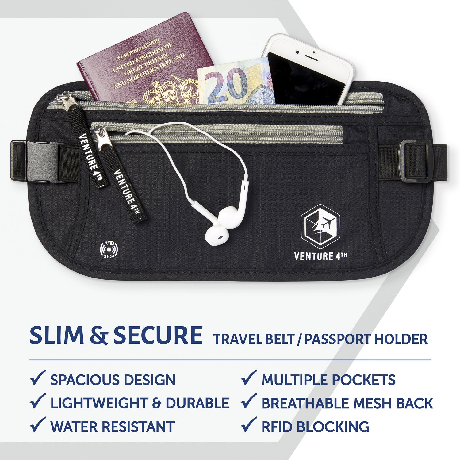 Amazon Com Venture 4th Rfid Money Belt Protect Yourself From - amazon com venture 4th rfid money belt protect yourself from travel theft comfortable durable and lightweight black travel wallets