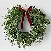 Wavwavw 13.8" Christmas Artificial Cedar Wreath with Burgundy Velvet Bow Green Christmas Draping Oval Cedar Wreath for Front Door, Wall, Windows Indoor Outdoor Winter Festival Farmhouse Home Decor