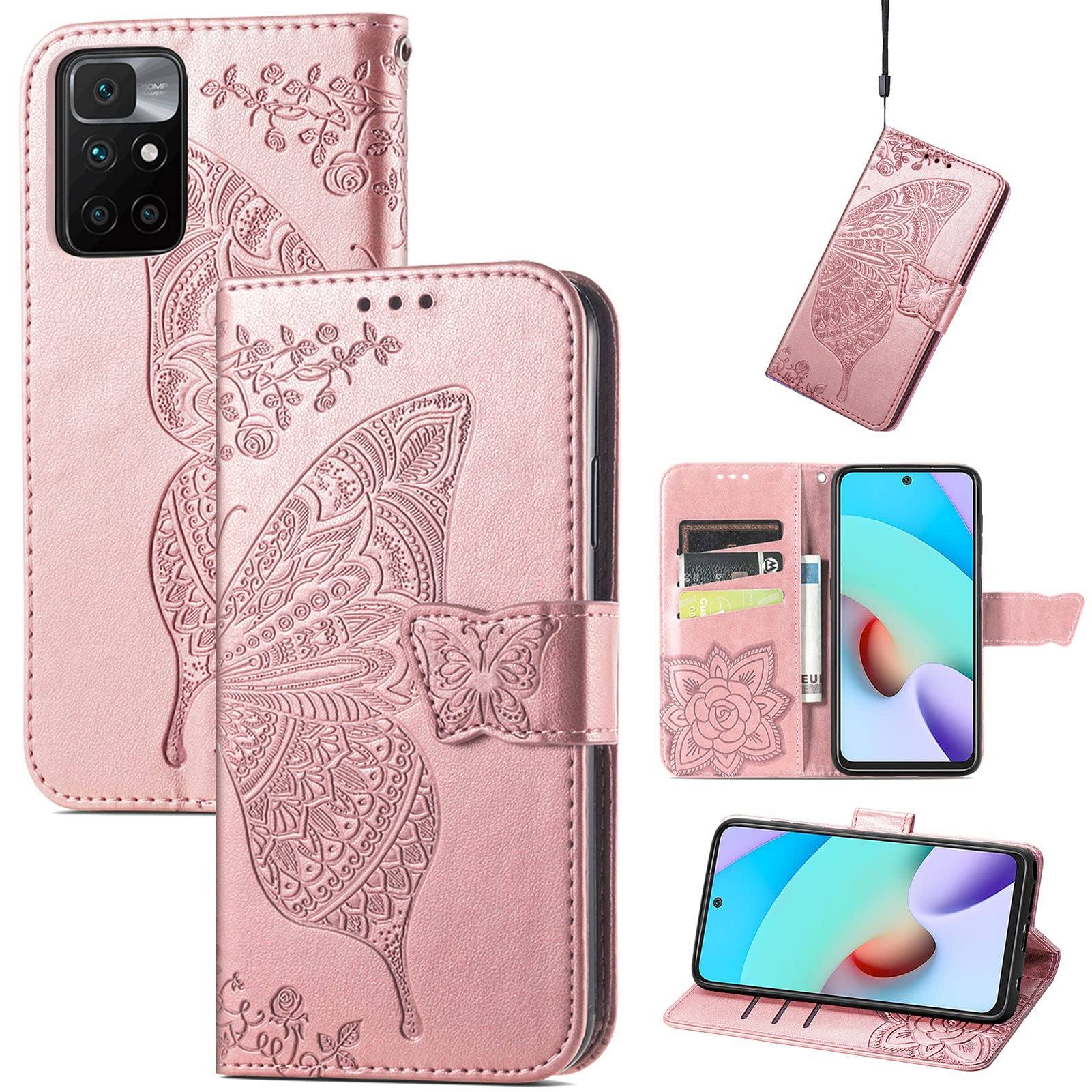 JIUNINE Case for Redmi 10 4G / Redmi 10 2022, Leather Wallet Case Flip Cover with Butterfly Embossed Pattern [Card Holder] [Magnetic Closure] [TPU Inner Shell] for Redmi 10 4G, Rosegold