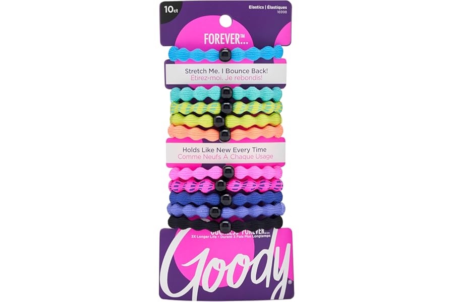 Goody Ouchless Forever Hair Elastics – 10 Ct, Assorted Neon, Damage-Free Bands, 3X Stronger Hair Ties, Retainable Shape, 16 Strand Inner Core, Hair Accessories for Women & Men, All Hair Types