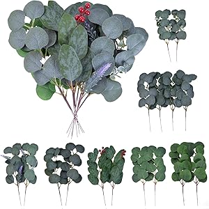 16 pcs Artificial Eucalyptus Leaves Stems with Flower Seeds,Short Silver Dollar Faux Eucalyptus Branches Greenery Plants for Floral Bouquets Wedding Indoor Floral Vase Holiday Decor