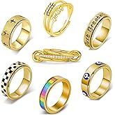 LOFITOR Gold Fidget Rings for Anxiety 7pcs Stainless Steel Spinner Ring Anti Anxiety Ring Spinning Moon Star Evil Eye Cool Stress Relieveing CZ Fold Rings for Women Men