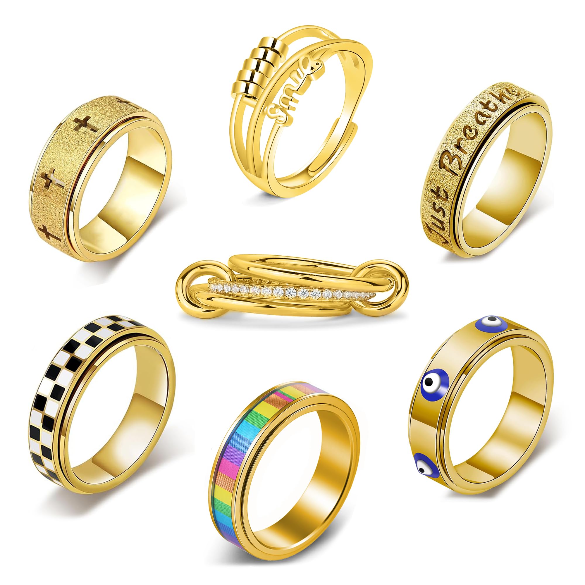 LOFITOR Fidget Rings for Anxiety 7pcs Stainless Steel Spinner Ring Anti Anxiety Ring Spinning Interlocking Cool Stress Relieveing CZ Fold Rings for Women Men Band Rings Set Pattern Gold — image 1