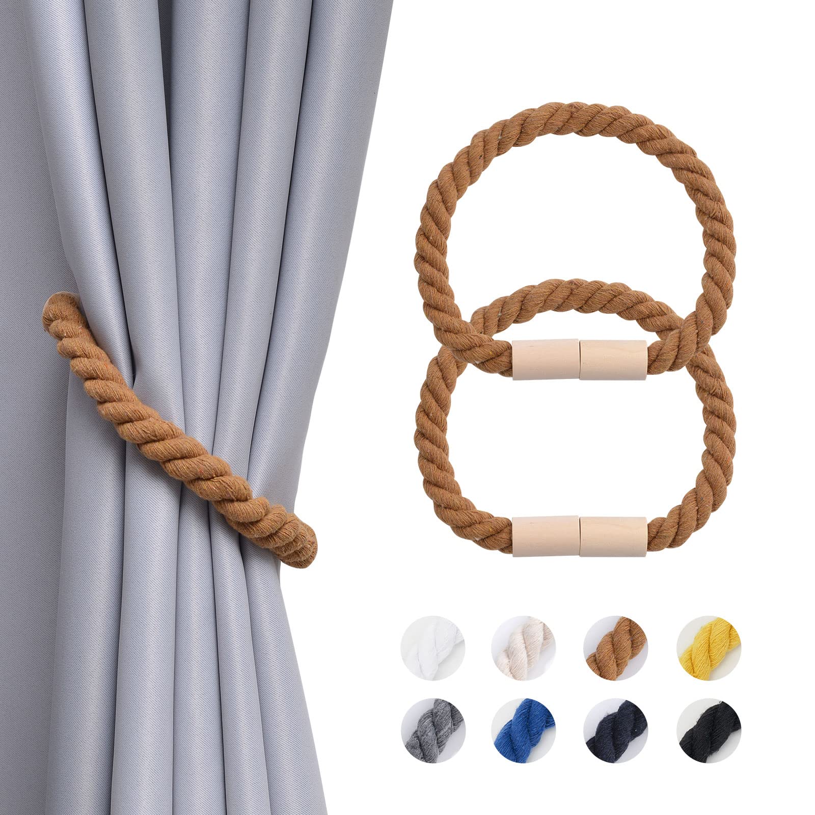 Pretty Jolly 2 Pack Wooden Magnetic Curtain Tiebacks Boho Home Decoration Drape Tie Backs Natural Cotton Handmade Rope Curtain Holdbacks for Thin or Thick Home & Office Window Drapery (Coffee)