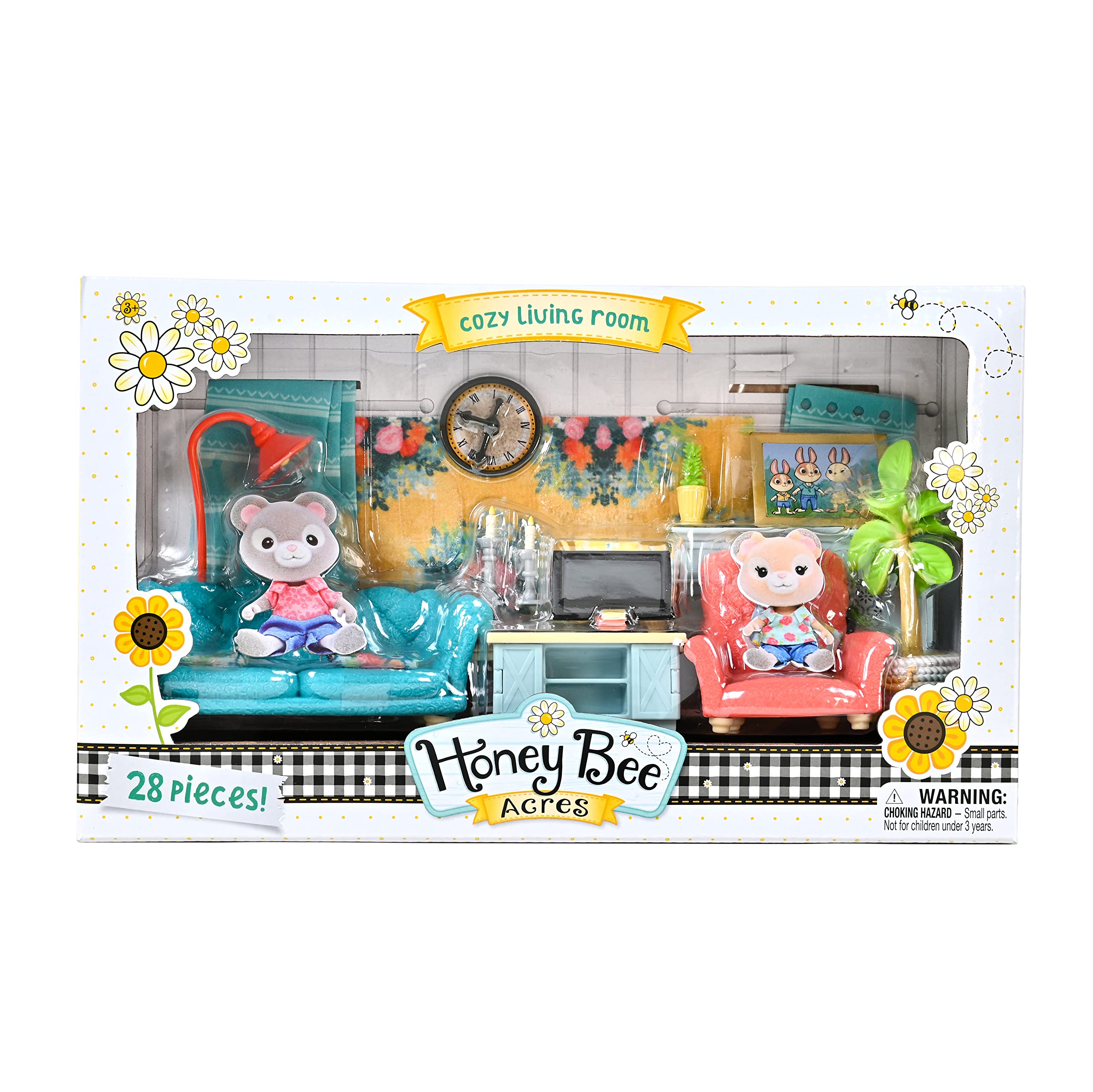 Honey Bee Acres Cozy Living Room Décor – 28 Pieces Accessory Set | Colorful Farmhouse Doll Furniture | Pretend Play Toys for Kids - Sunny Days Entertainment