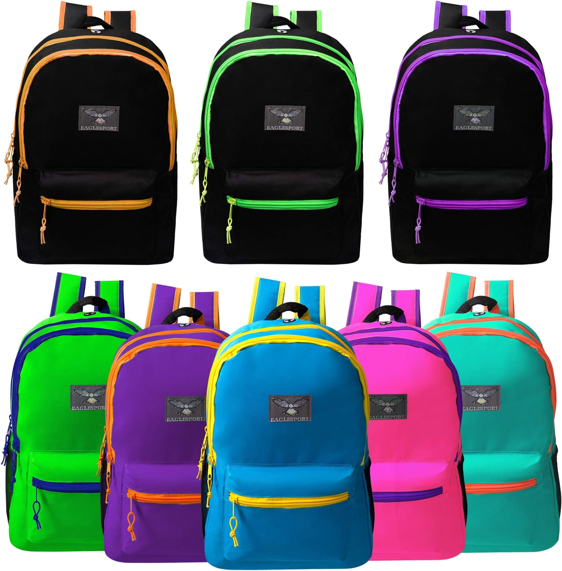 19" Large Bulk Backpacks with Side Mesh Water Bottle Pockets in 8 Assorted Colors - Wholesale Case of 24 Bookbags