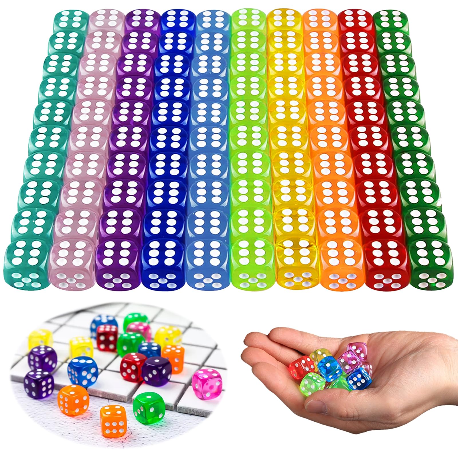 Acxilexy 100 Pieces Dice Set, 14mm Solid Game Dice Set with 10 Colors, 6 Sided Acrylic Dice, Translucent Rounded Corners Dice for RPG MTG DND and Other Table Games, Dice Games, Math Teaching