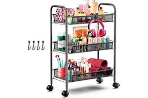 Goovilla 3-Tier Metal Rolling Cart, Mesh Wire Easy Assemble Utility Cart, Storage Trolley on Wheels with 4 Hooks, Metal Stora