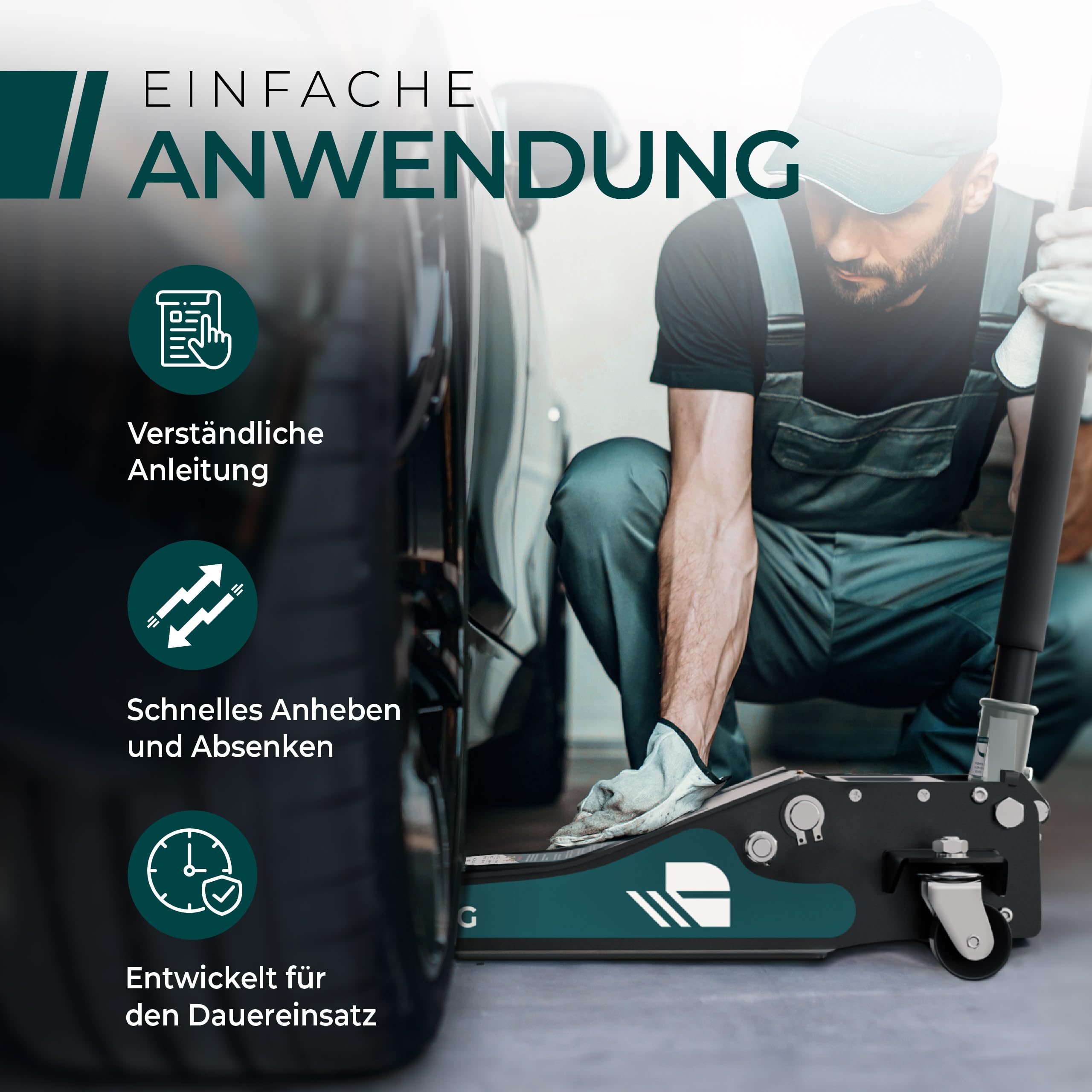 CargoVA Wagenheber 3T hydraulisch | Flacher Wagenheber mit 75-505mm Hubhöhe | Profi-Toolkit inkl. Kniematte & 2X Gummiauflagen | Ideal für SUV & tiefergelegte Autos | Rangierwagenheber Reifenwechsel 6